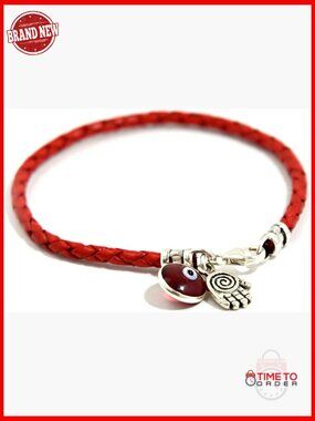 Sterling Silver Hamsa Charm Bracelet Leather Evil Eye Protection Jewelry